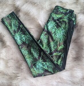 Tropical Green Leaf Print Mesh Panel Leggings